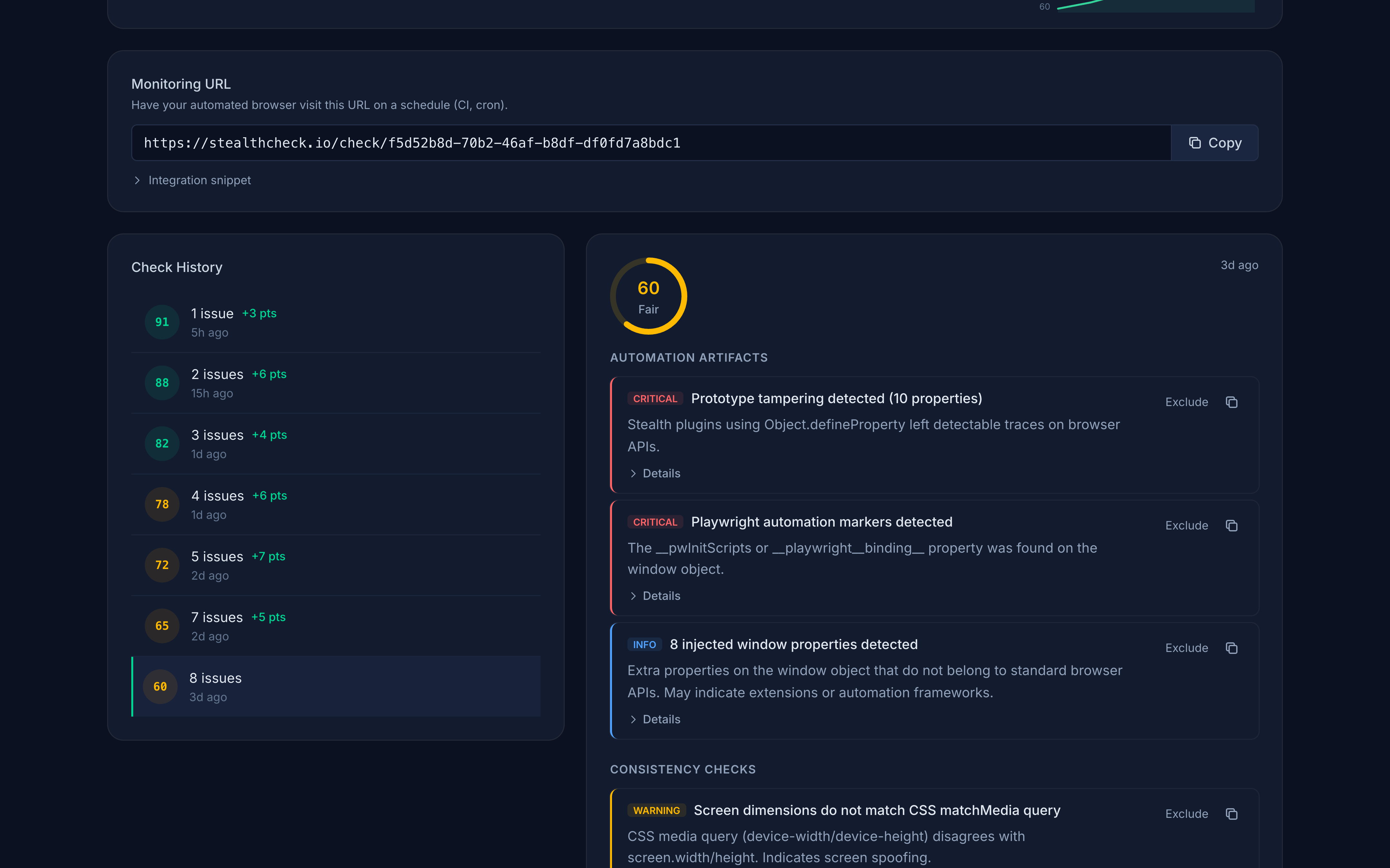 StealthCheck profile detail showing stealth score and issue analysis